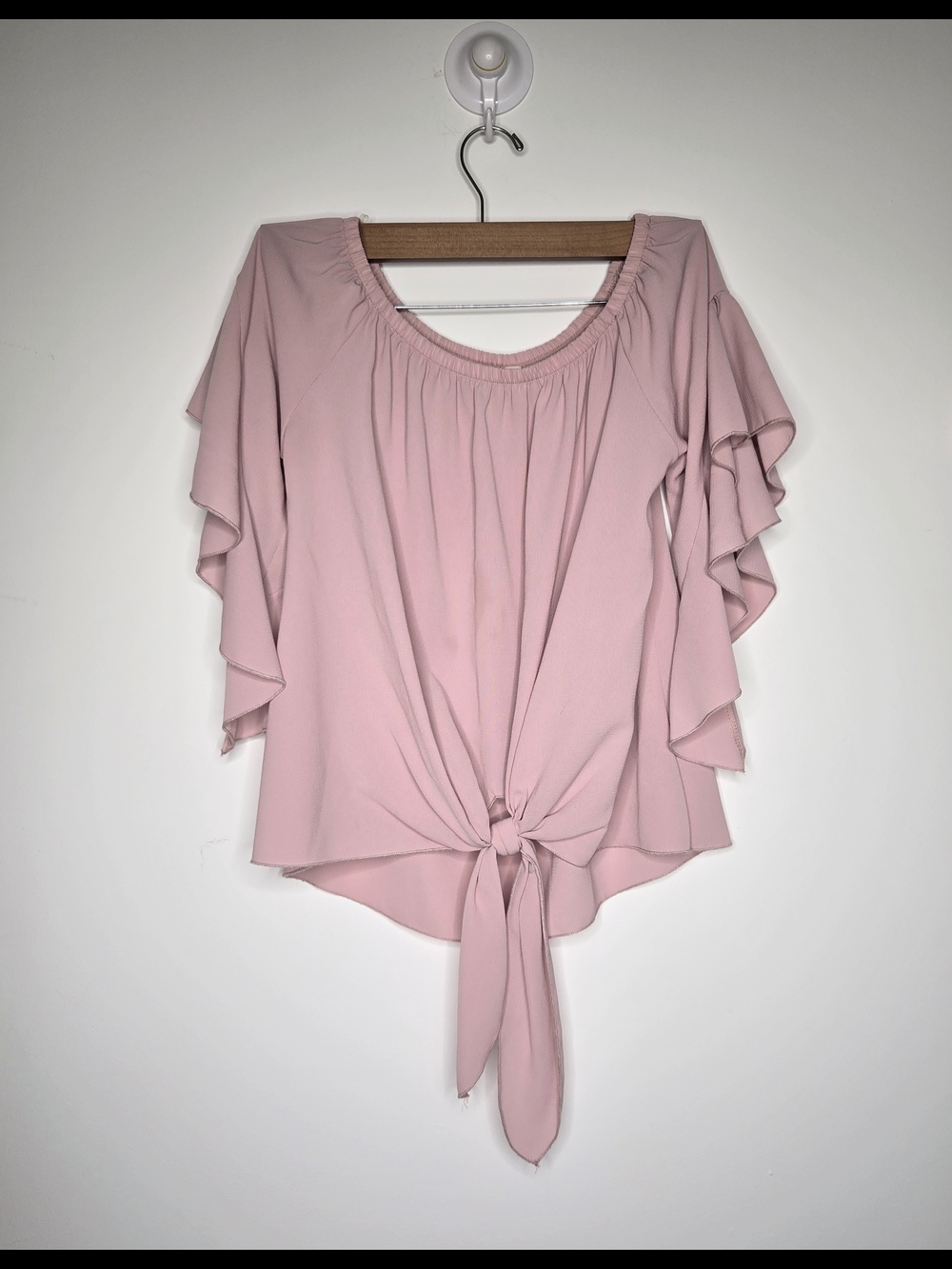 Pink Off The Shoulder Blouse Cascading Ruffle Sleeve Tie Front Dusty Rose - S